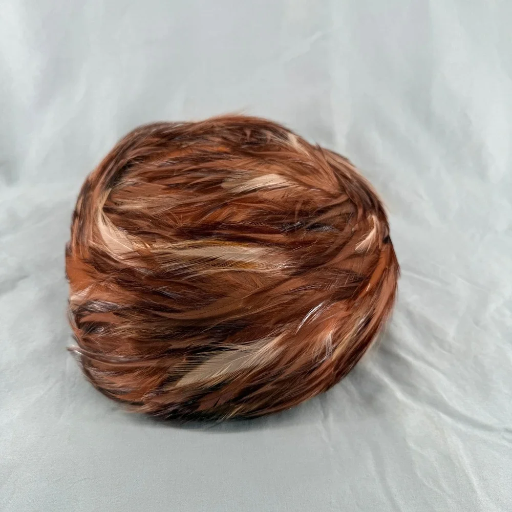 Vintage Union Made Feather Pillbox Hat Rust Copper Brown 1950s 1960s MCM USA